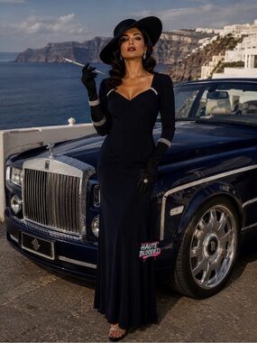 Vintage Y2K R&M Richards Navy Rhinestone Dress Mob Wife Old Hollywood Glam Luxe
